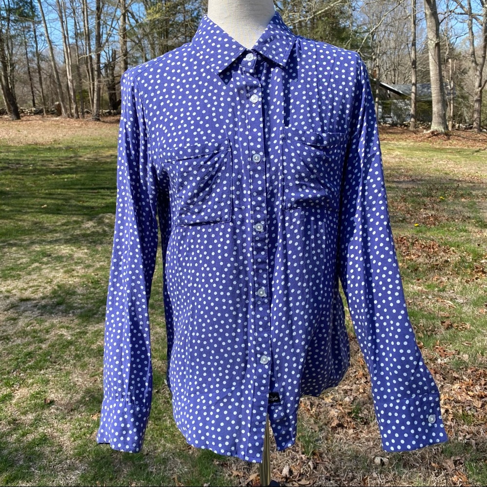 RAILS TOP BUTTON DOWN BLOUSE BLUE WHITE DOT LONG SLEEVE SIZE S